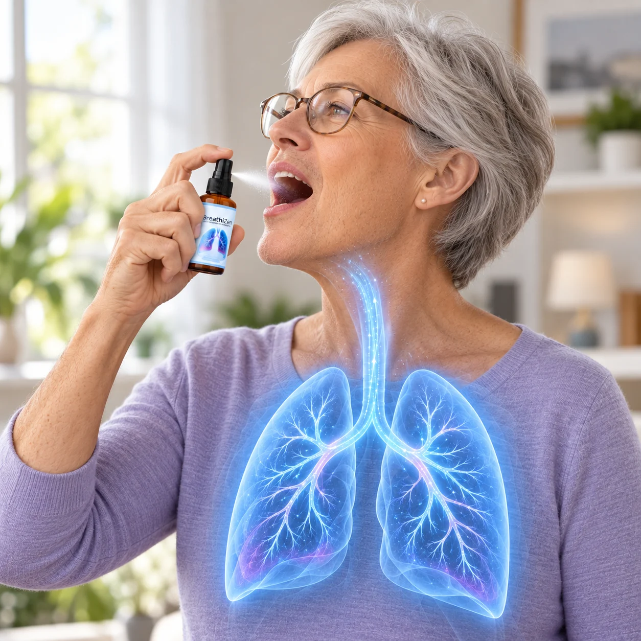 Woman taking four sprays of BreathiZen